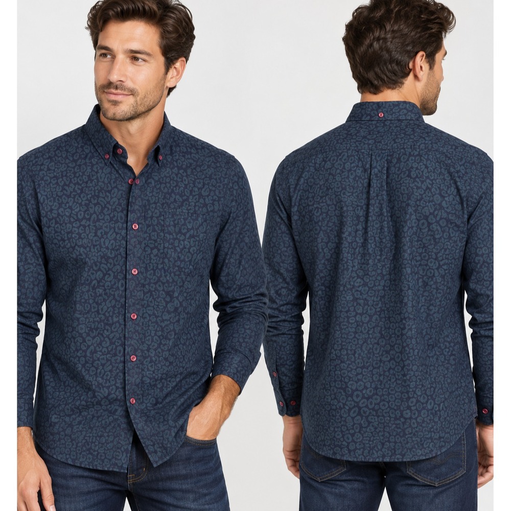 NWT 7 Diamonds The Prowl Men's M Leopard Animal Print Button Down Shirt Blue